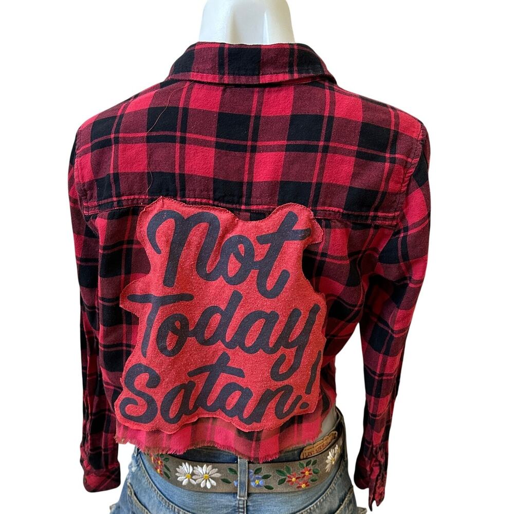 Not Today Satan Plaid Flannel Shirt Crop Top SMALL Oversized Unique Red Shacket